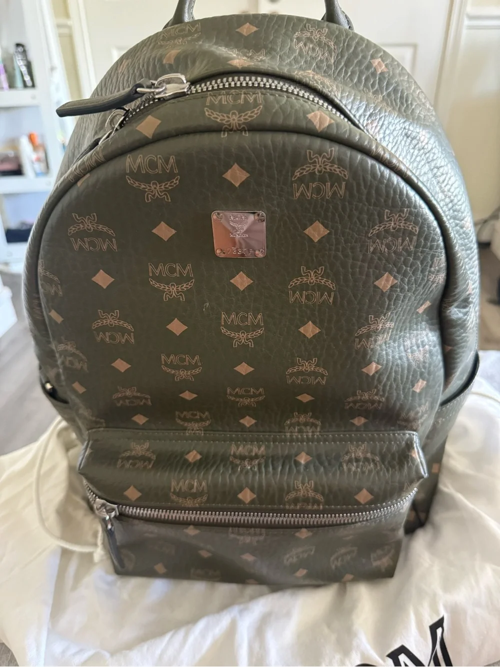 MCM Olive Monogram Backpack with Tan Logo Print